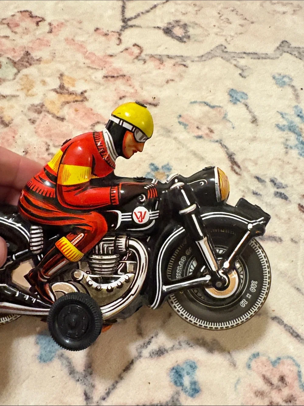 Vintage Tin Toy Motorcycle Joseph Wagner West German Dunlop Cord.